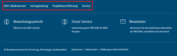 Screenshot des Footerbereichs der Startseite mit umrandeten Menüpunkten