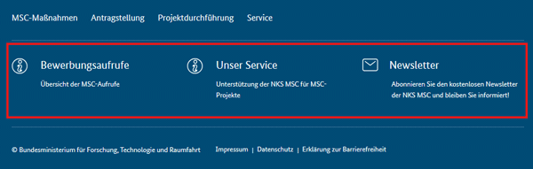 Screenshot des Footer-Bereichs der Startseite mit umrandeten Linksboxen im Mittelteil