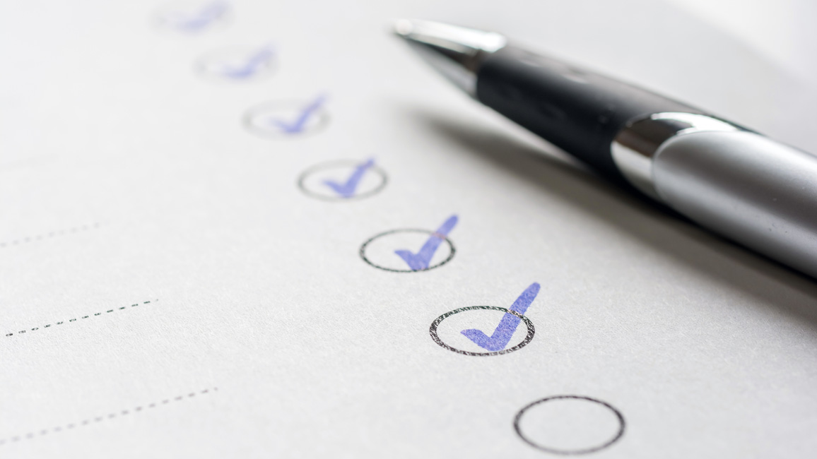 Close-up of a checklist with entries checked off in blue, next to it a ballpoint pen.